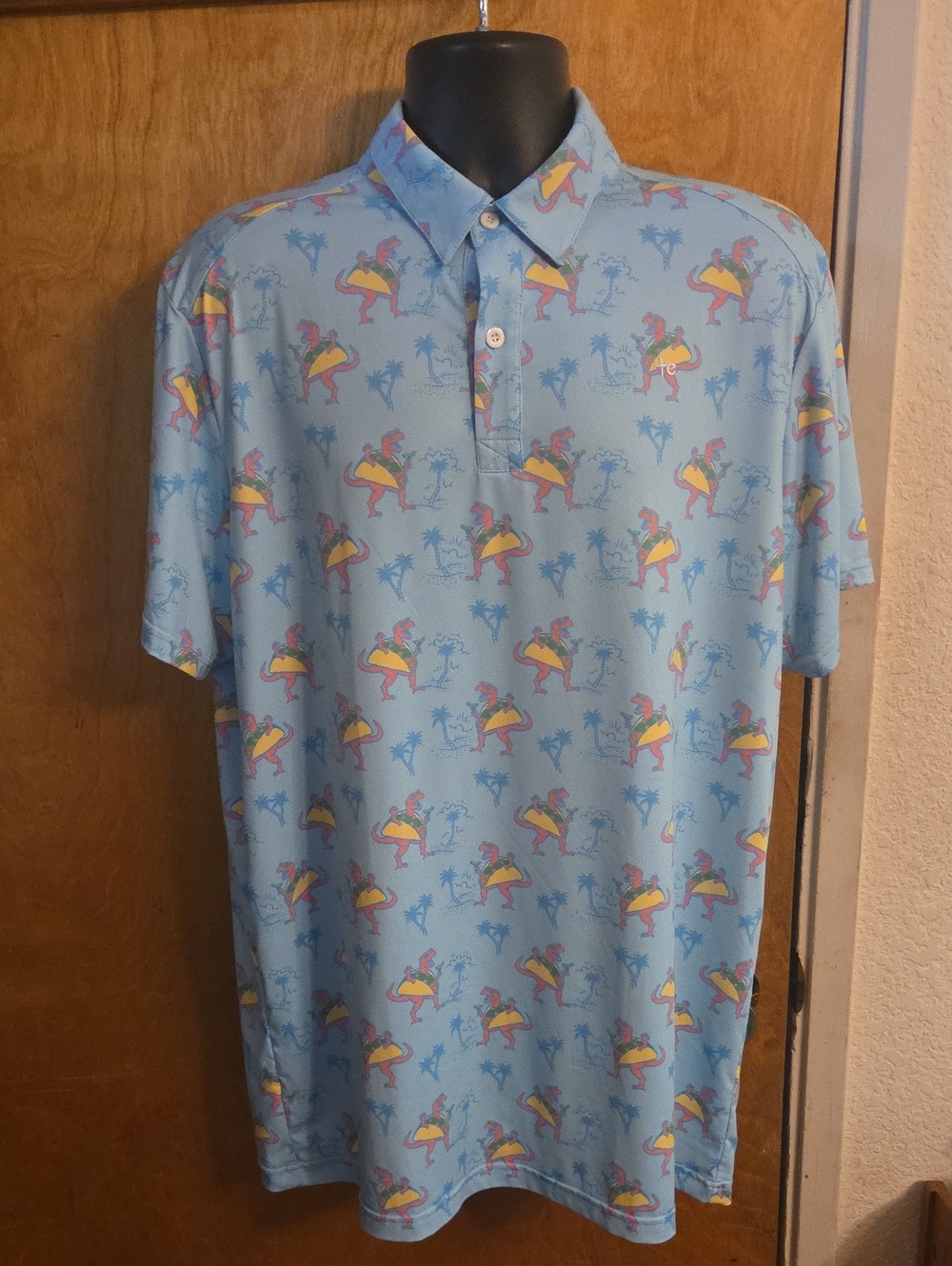 TIPSY ELVES Men's Vintage Blue Dinosaur Tacos Polo Hawaiian Shirt Size XL
